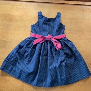 Toddler girl Ralph Lauren dress. Navy with white stripes and burgundy ribbon. 3T